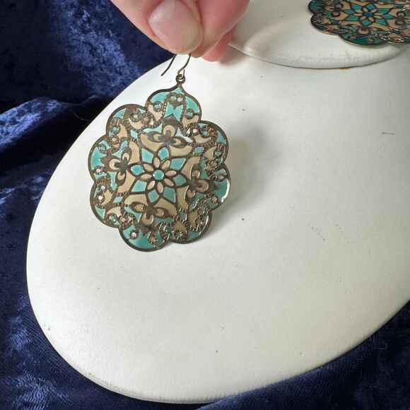 5/$25 Gold Teal Mandala Medallion Earrings - Picture 6 of 9